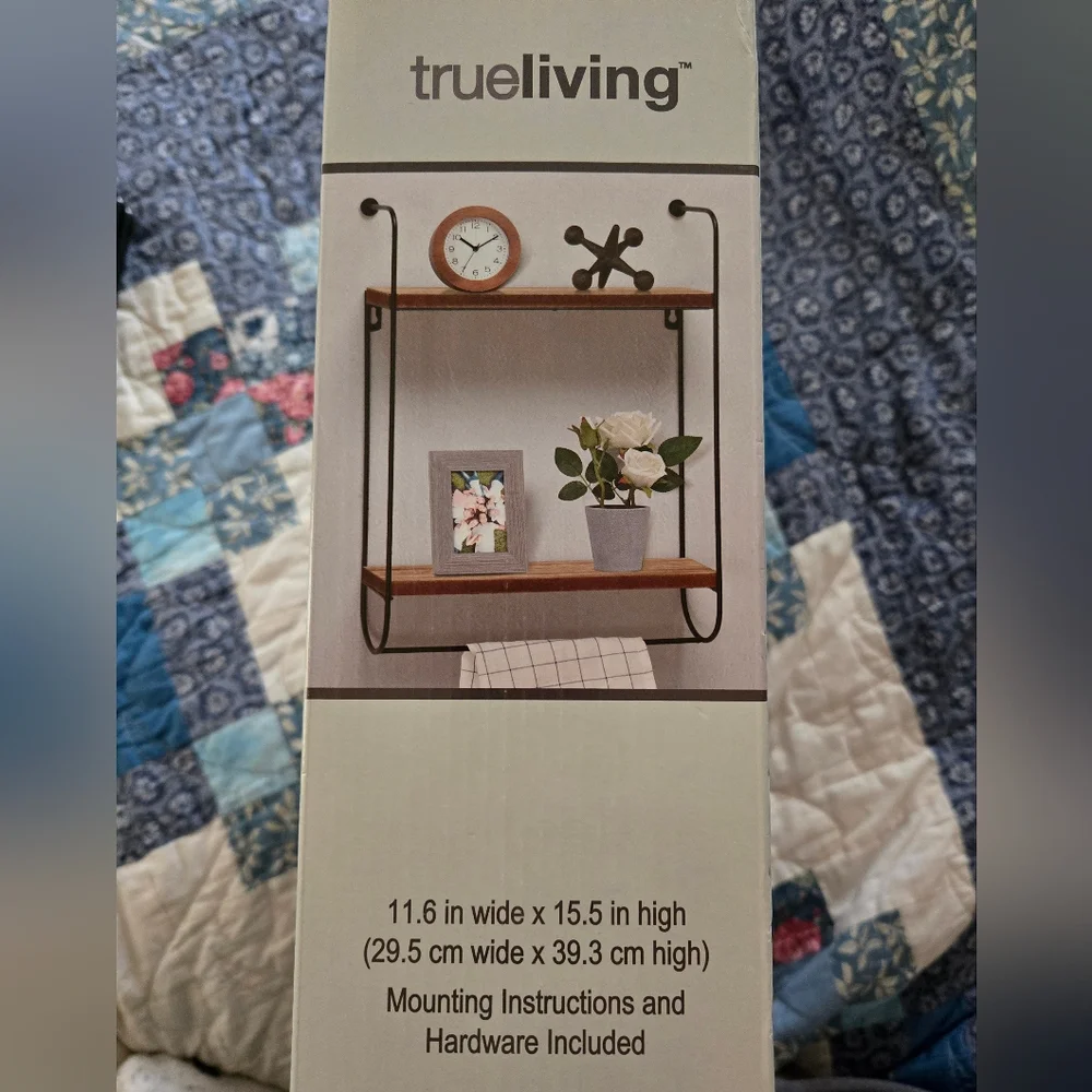 NEW True Living 2 Tier Wall Shelf, Natural Wood, Black Metal, 11.6